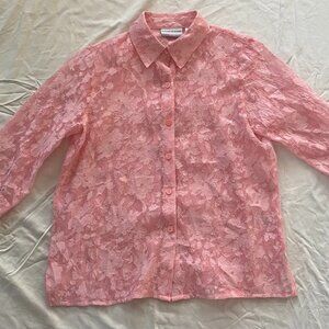 Alfred Dunner Pink Lace Floral Patterned Collar Button-Up